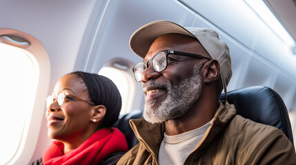 Mature retired couple seated in an airplane looking out the window, looking happy and in love. Concept of senior travel and vacation. Shallow field of view.