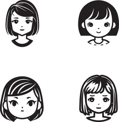 short hair girl minimal lineart flat logo silhouette style vector illustration set