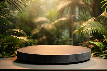Fototapeta premium Natural Slate Stone Top, Round Podium Pedestal, Empty Cosmetic Beauty Background Showcase Product Mock up Display, Back Drop, Empty Luxury Black & Green & Gold Natural Plant Scene with Flowers & Moss.