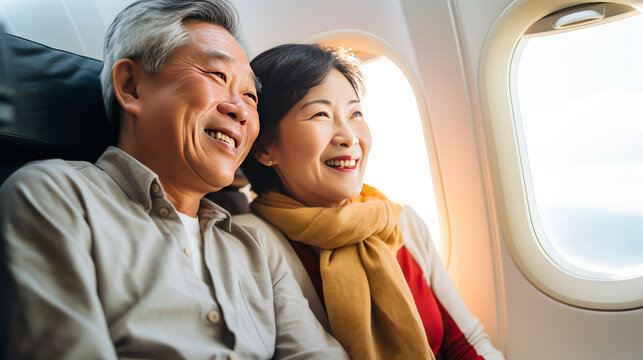 Mature retired couple seated in an airplane looking out the window, looking happy and in love. Concept of senior travel and vacation. Shallow field of view.