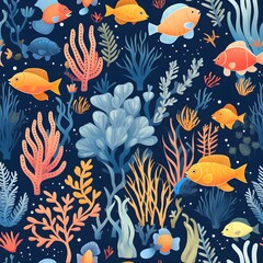 underwater creatures, coral reefs, and oceanic elements seamless pattern