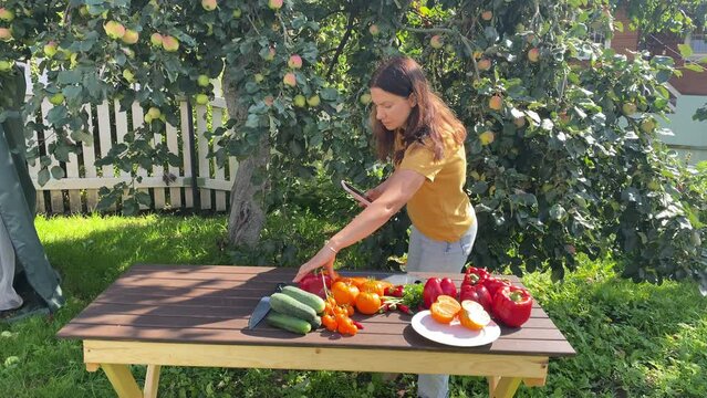 woman gardener taking smartphone photos of fresh vegetables on wooden table in summer garden