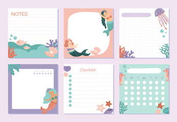 Set of cute mermaid printable stationery planner and memo in square layout