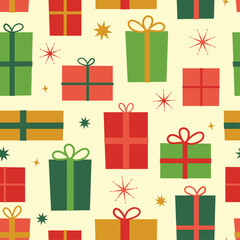 Retro Christmas gift seamless vector pattern. Mid century 1950s style holiday repeat background print. 