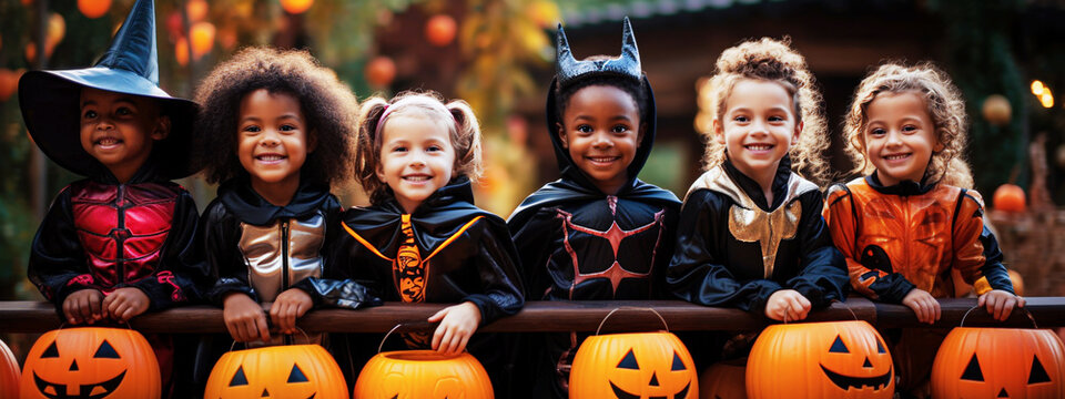 Group of children in Halloween costumes with pumpkins on Halloween. selective focus.
