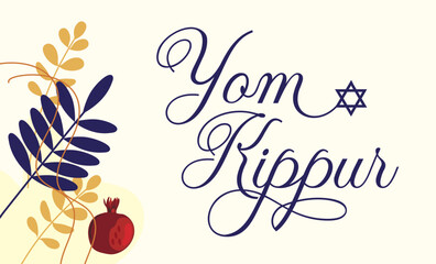 Happy Yom Kippur card, banner or poster with botanical frame and garnet. Vector illustration. EPS10