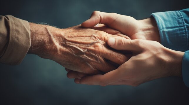 Helping hands, care for the elderly concept, copy space, 16:9