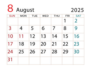 2025年カレンダー　8月