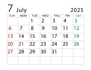 2025年カレンダー　7月