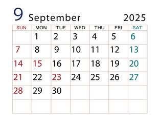2025年カレンダー　9月