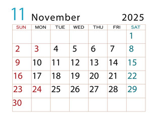 2025年カレンダー　11月