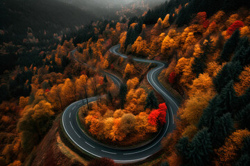 A winding road in the middle of a autumn forest. Generative AI - obrazy, fototapety, plakaty