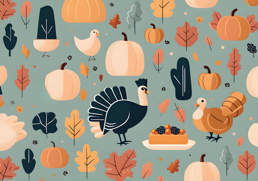 seamless pattern with birds and flowers tukey for thankgiving day