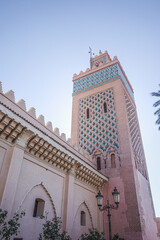Marrakech, Morocco - Feb 8, 2023: Exterior of the Moulay el Yazid Mosque, in Marrakech Kasbah district