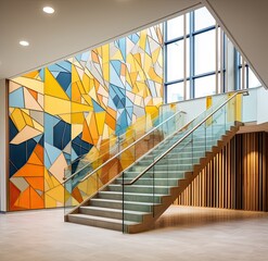 some stairs with colorful mosaic tiles on the wall and glass railings in an office building stock photo - images