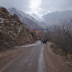 Imlil, Morocco - Feb 22, 2023: Landscapes of the Atlas Mountains near Mount Toubkal