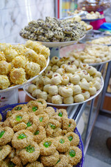 Marrakech, Morocco - 21 Feb, 2023: Fresh North African pastry on sale in the souk market, Marrakech