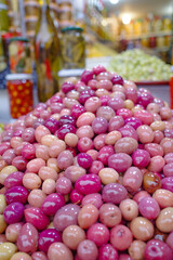 Marrakech, Morocco - 21 Feb, 2023: Olives and olive products on sale in the Marrakech Medina