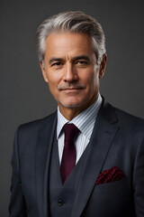 Portrait of confident professional senior businessman leader wearing suit isolated on grey color background. Smirking. Image created using artificial intelligence.