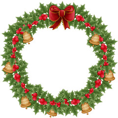 Fototapeta na wymiar christmas bells with red bow and holly isolated on transparent background 