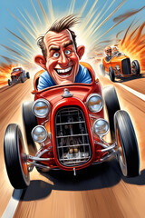 A 3d digital illustration of a man racing a vintage hot rod car