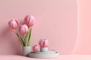 3d render of pink tulips in vase on pink background
