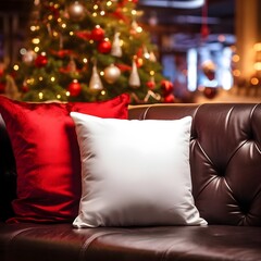 Blank white Pillow Mockup, Christmas Background, Product photography, Christmas tree, bokkeh, minimalistic, living room, lifestyle photograph. 