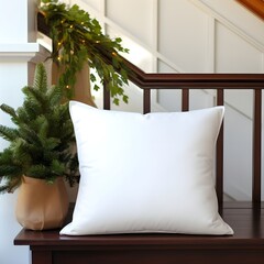 Blank white Pillow Mockup, Christmas Background, Product photography, Christmas tree, bokkeh, minimalistic, living room, lifestyle photograph. 