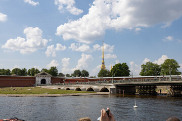 June 15, 2023, Saint Petersburg, Russia - tour boats The historic district of the city Saint Petersburg, Russia - tour boats The historic district of the city