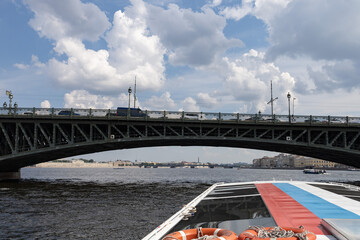 June 15, 2023, Saint Petersburg, Russia - tour boats The historic district of the city Saint Petersburg, Russia - tour boats The historic district of the city