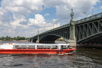 June 15, 2023, Saint Petersburg, Russia - tour boats The historic district of the city Saint Petersburg, Russia - tour boats The historic district of the city