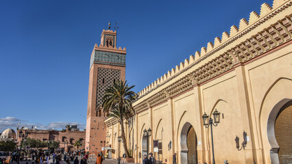 Marrakech, Morocco - Feb 8, 2023: Exterior of the Moulay el Yazid Mosque, in Marrakech Kasbah district - obrazy, fototapety, plakaty