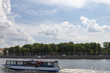 June 15, 2023, Saint Petersburg, Russia - tour boats The historic district of the city Saint Petersburg, Russia - tour boats The historic district of the city