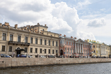 Fototapeta na wymiar June 15, 2023, Saint Petersburg, Russia - tour boats The historic district of the city Saint Petersburg, Russia - tour boats The historic district of the city