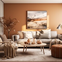 a living room with an orange wall and beige couches, coffee table, pots and plant in the corner