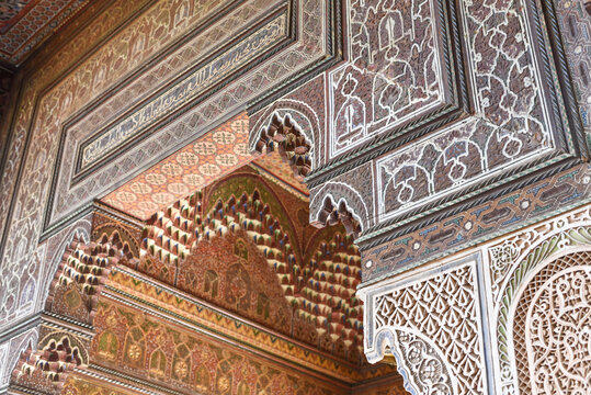 Marrakech, Morocco - Feb 8, 2023: Beautiful interiors and architecture of the historic Bahia Palace