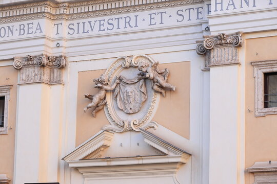 San Silvestro in Capite Church Facade Close Up with Sculpted Details in Rome, Italy
