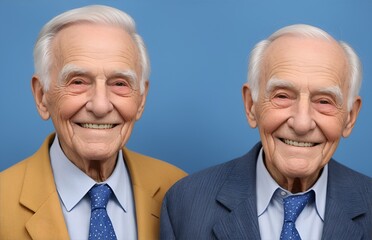 A Lifetime of Smiles: Identical twin brothers, their faces etched with time and wisdom, share a heartwarming grin against a vibrant blue backdrop. 