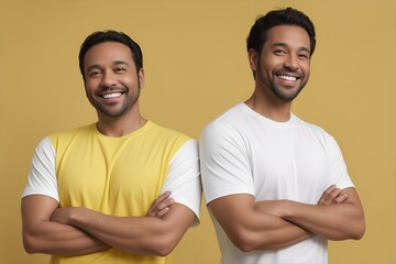Brotherly Bond: Identical twins radiate joy and confidence, standing shoulder-to-shoulder with arms crossed against a vibrant yellow backdrop. 