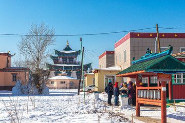 Ivolginsky datsan in Buryatia. A group of tourists on an excursion