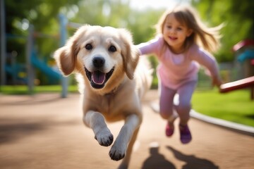 puppy and little girl playing in park