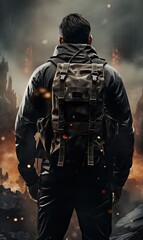 a man with a backpack on his back, standing in front of a fire and smoke filled cityscaing area