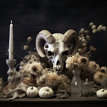 an animal skull on a table with flowers, candles and pumpkins in the fore photo is taken to the left
