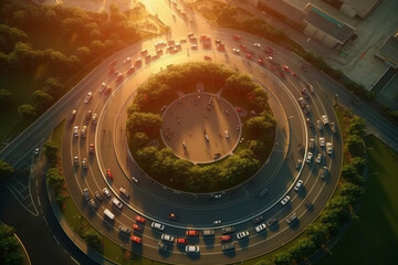 Aerial top view of traffic on the road in the city at sunset.