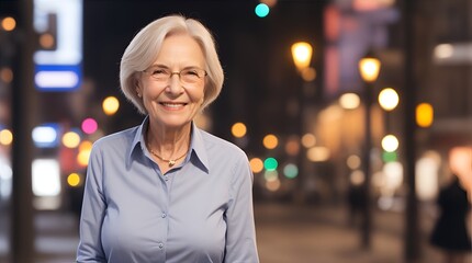 Fototapeta premium Night Lights and a Radiant Smile: A portrait of a joyful and confident senior woman, glowing in the warm light of a city street at night. Her smile radiates warmth and positivity, a testament to the b