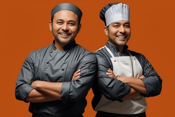 Confident Chefs: Two smiling chefs in black uniforms and white aprons stand side-by-side with their arms crossed, radiating confidence and culinary expertise against a warm orange background.