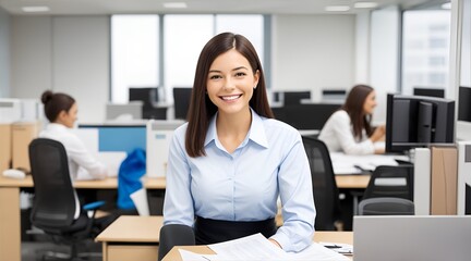 Fototapeta premium Confident and Ready: A young businesswoman sits at her desk in a modern office, her smile radiating confidence and professionalism. The image evokes a sense of focus, ambition, and success in the work