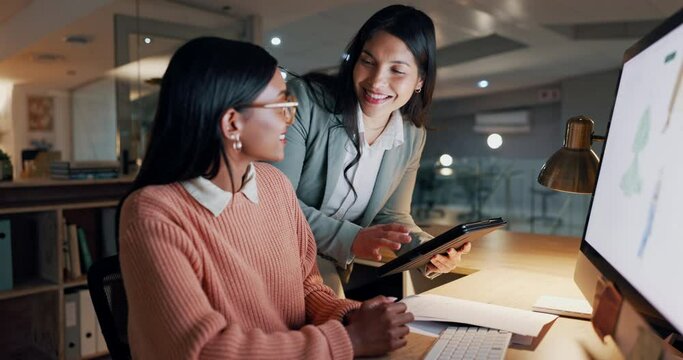 Business women, tablet and teamwork on computer for graphic design planning, night marketing and planning. Manager, digital artist and designer in collaboration, internship support and check progress