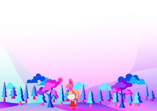 cute colorful walking child in red riding hood dress, woods trees mountain view background image, wonderful view illustration drawing, video stock images