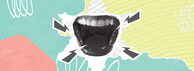 Open Mouth Screaming On Art Background. Bright vector collage with universal graphic elements, geometric shapes, dotted halftone objects for your design.